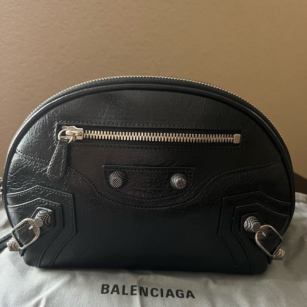 Balenciaga Black Leather Dome Crossbody with Silver Hardware
